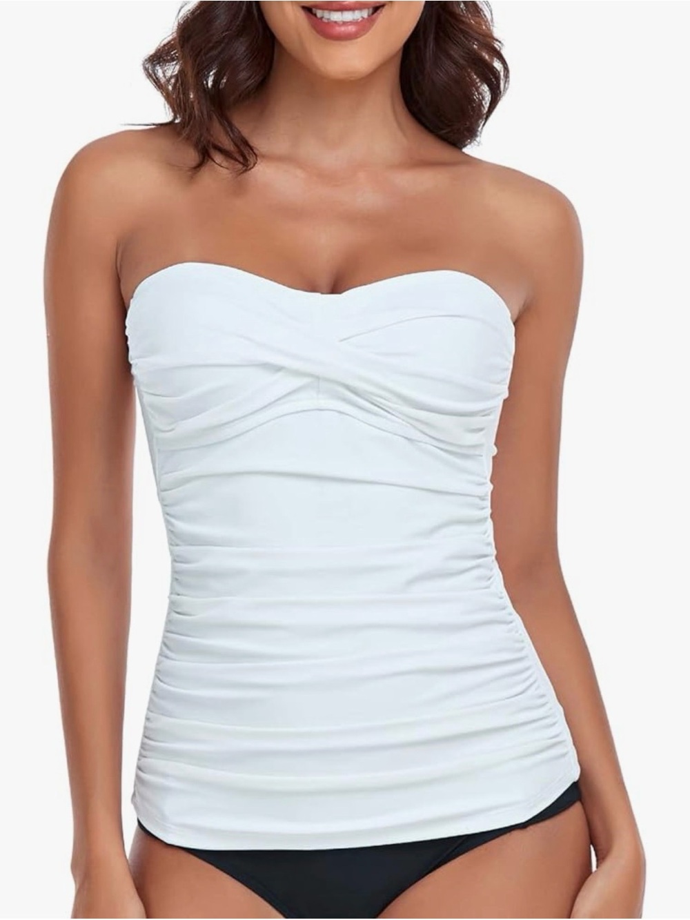 🤍White Ruched Tankini Top with Molded Cups EUC XXL w/ 1 Removable Strap